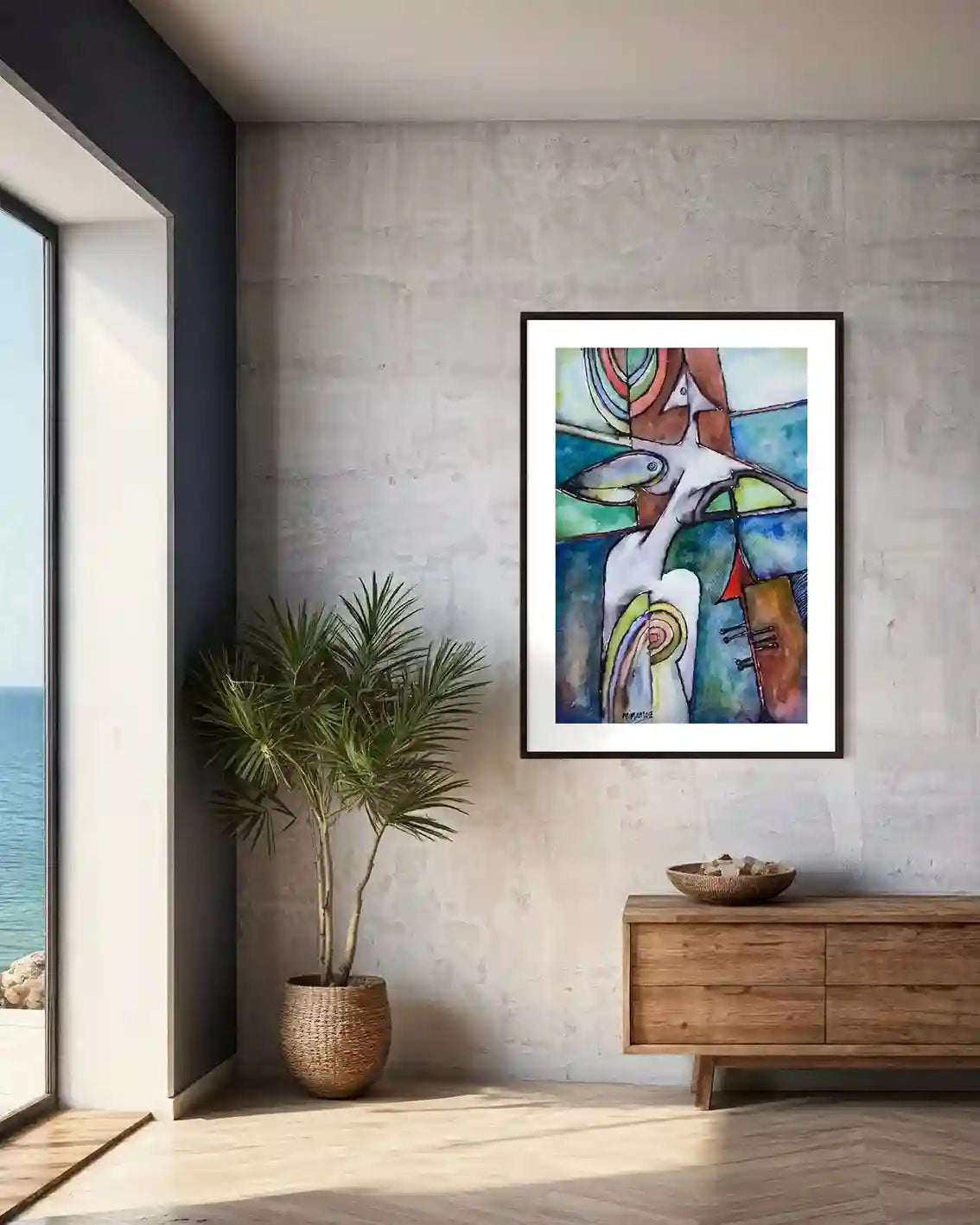 Migration by Mummar Mekki abstract art print in black frame displayed in modern interior with concrete wall - Mojo Gallery