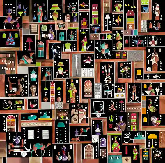 Night Lights 2 by Gungalito acrylic painting illuminated grid with figures animals pottery Middle Eastern contemporary art