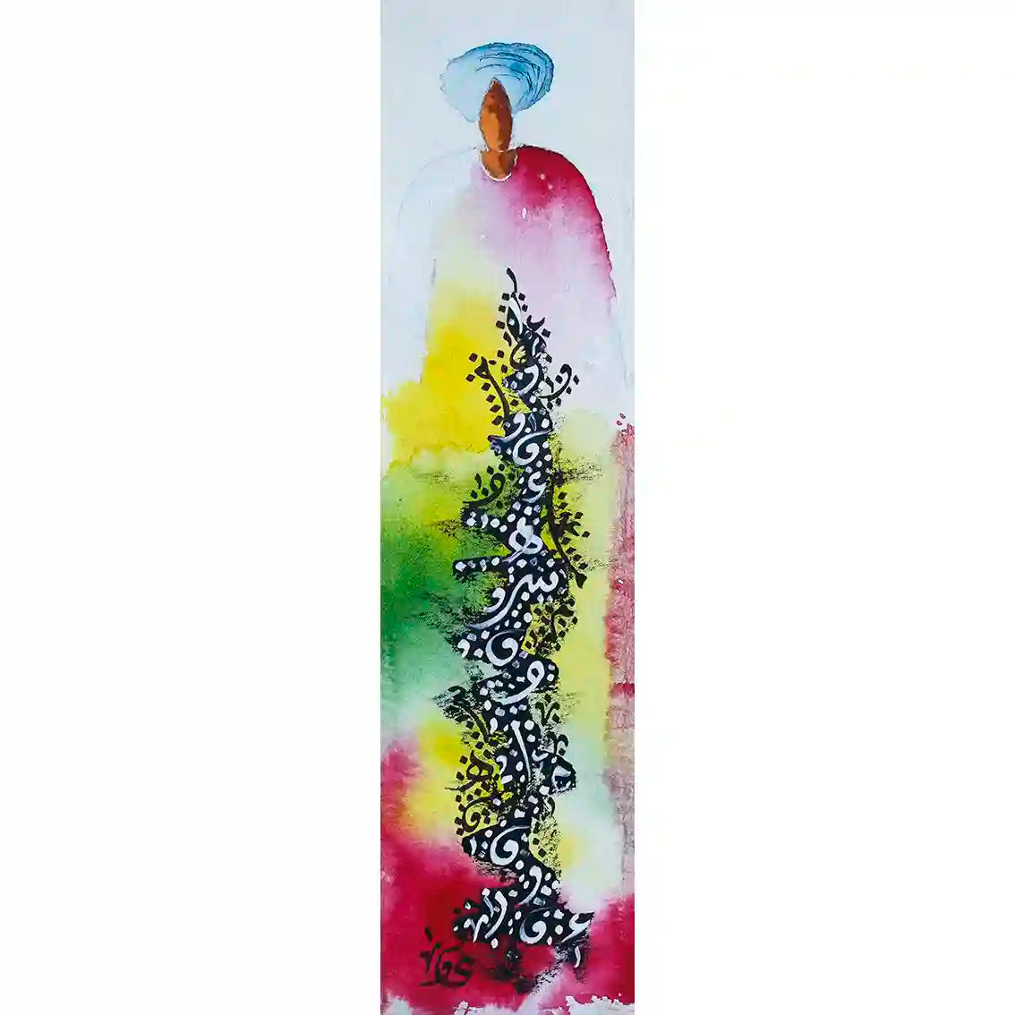 Night Woven 2 art print by Gungalito featuring elegant figure with Arabic calligraphy in vibrant watercolor gradients
