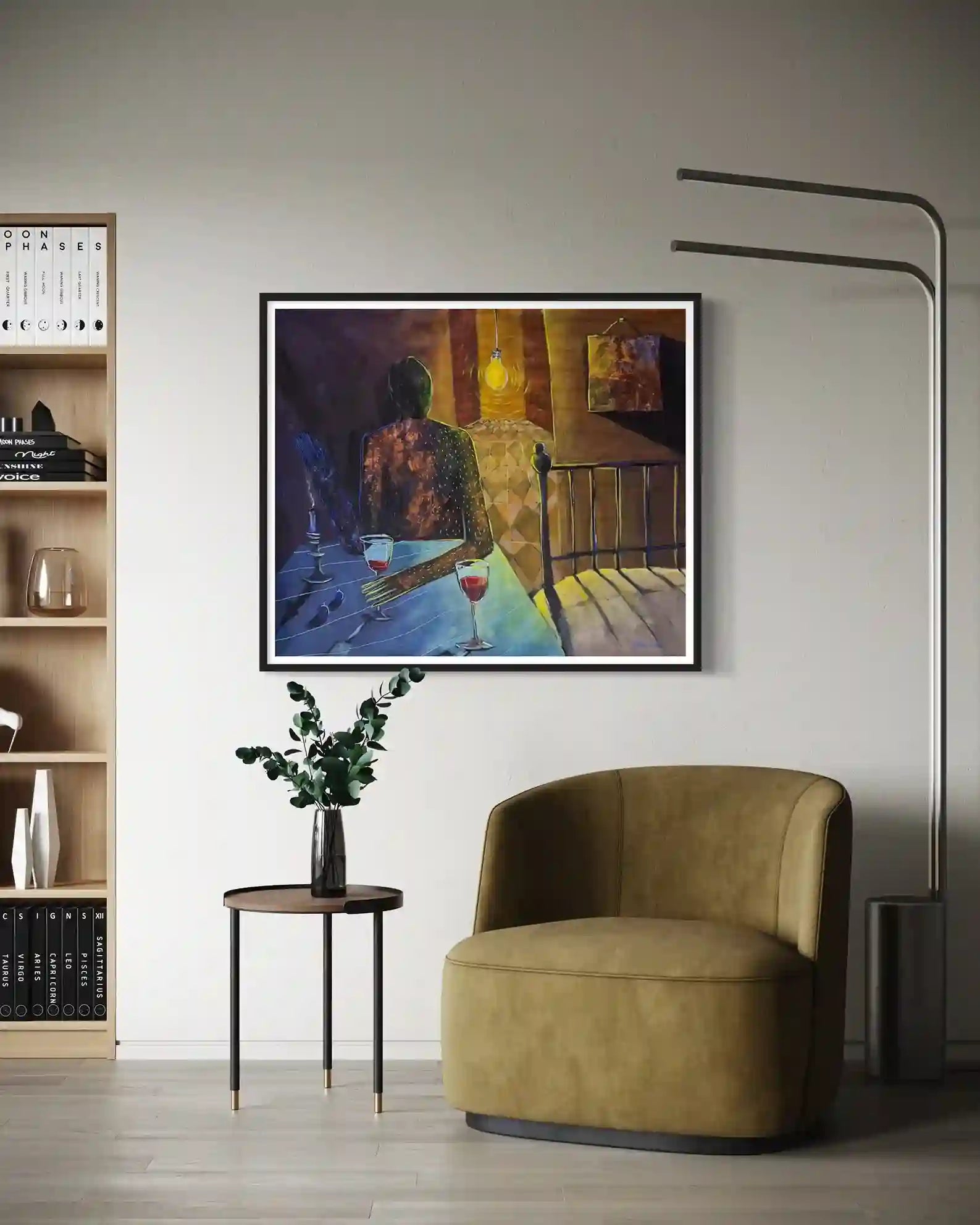 Yasmeen Abdullah painting mockup in modern living room with velvet chair, showing solitary figure artwork on wall