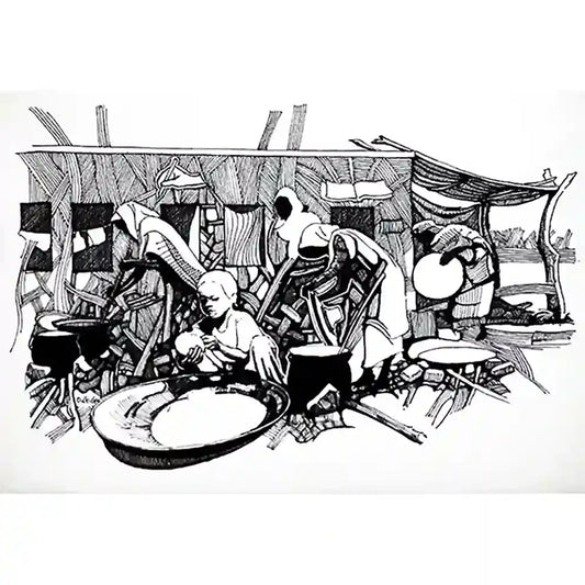 Communal Kitchen ink on paper painting by Obada Gabir showing women cooking together in shared space, black and white artwork