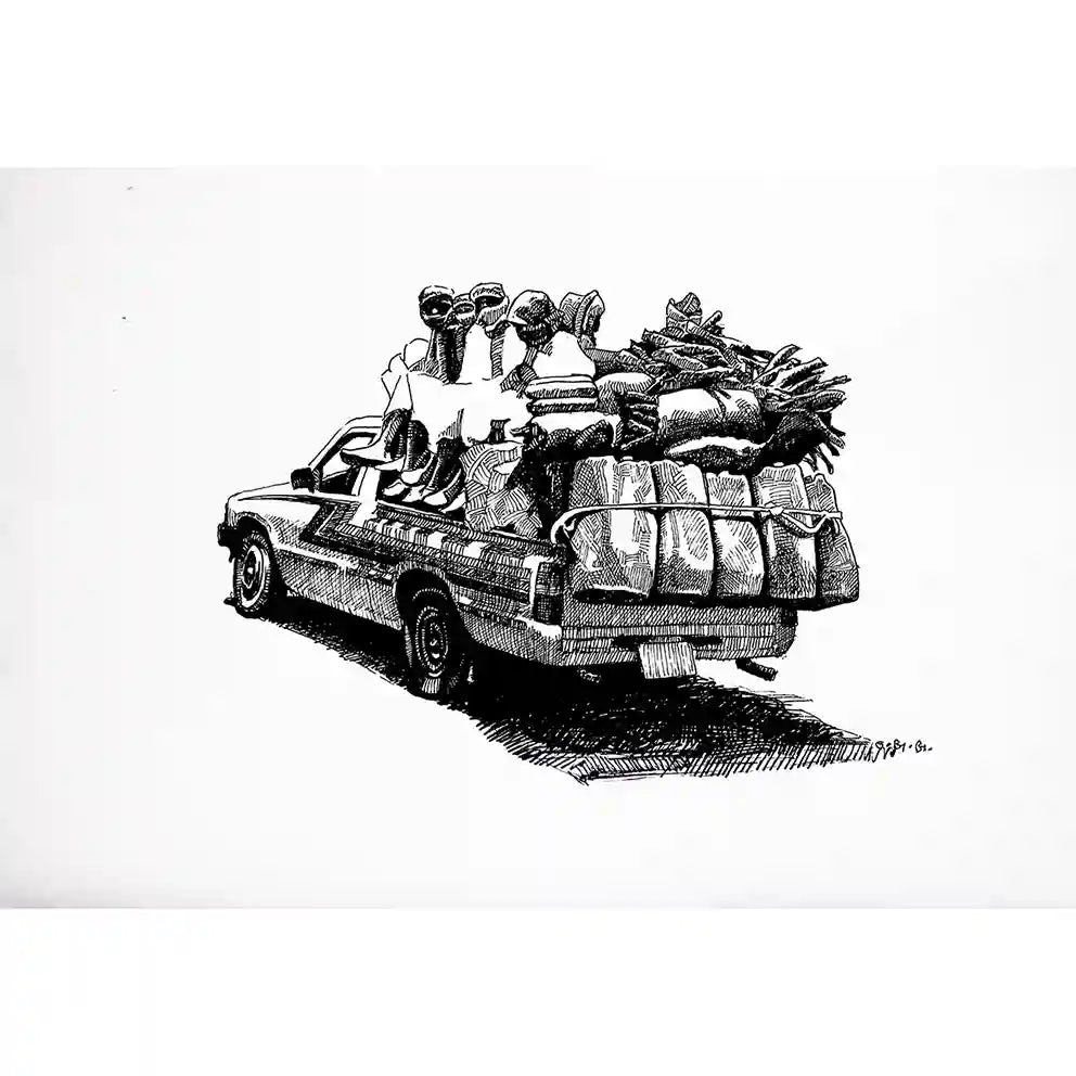 
Ink on paper artwork by Obada Gabir titled The Long Road showing people traveling on loaded pickup truck with goods
