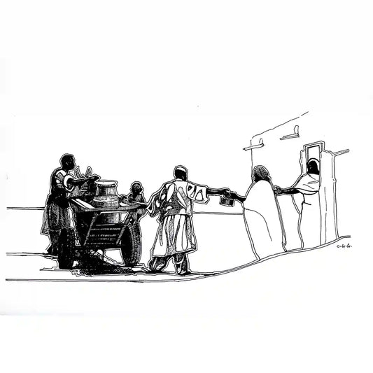 Ink painting by Obada Gabir 'The Milkman' - traditional milk delivery scene with donkey cart and waiting customers