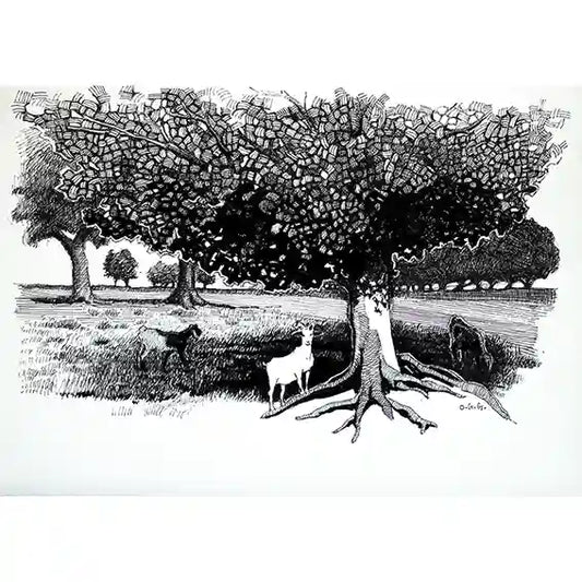 Pastoral Refuge ink painting by Obada Gabir showing goats and sheep grazing under large tree, black and white artwork