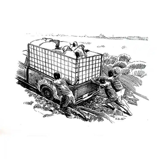 Ink painting by Obada Gabir 'Stuck on the Mud' showing people pushing Bedford truck from mud - original artwork