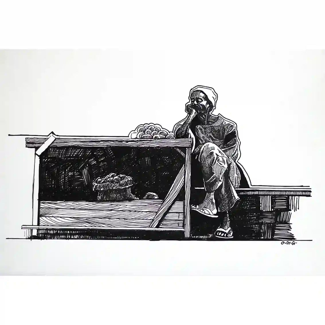 Ink on paper artwork by Obada Gabir titled The Vegetables Seller showing contemplative street vendor beside produce crates