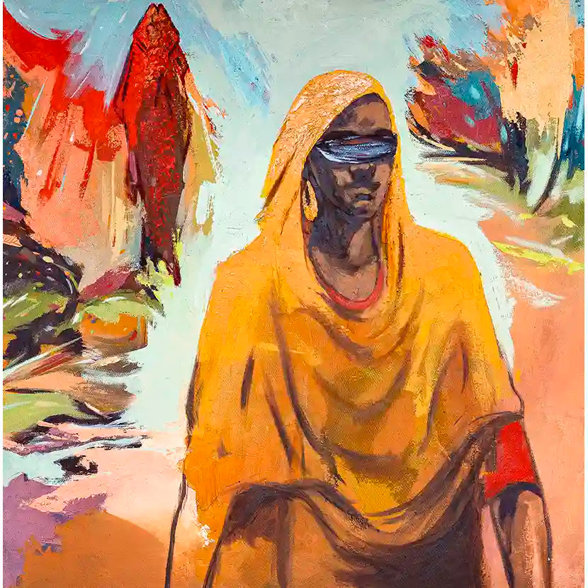 On the Way Back 2 oil painting by Bakri Moaz showing Sudanese woman in yellow robes, displacement art