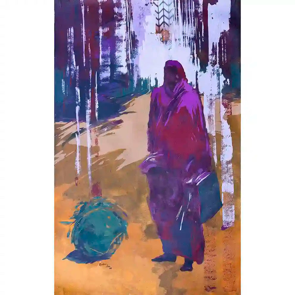 'On The Way Back 7' art print by Bakri Moaz showing displaced figure in purple robes walking with belongings, displacement theme