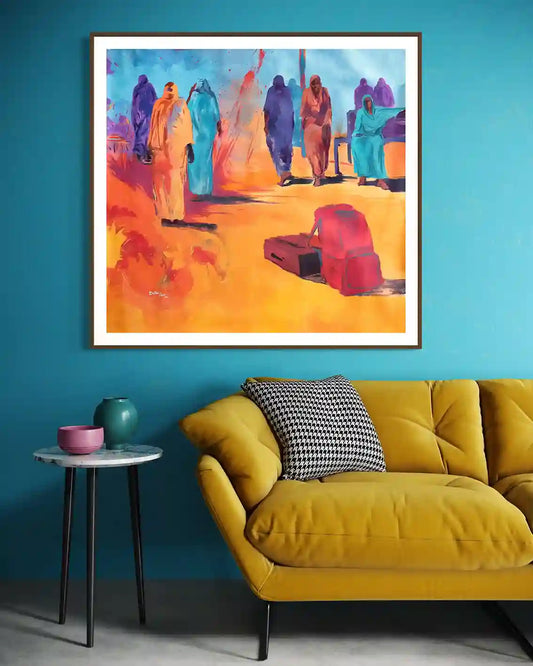 On the Way Back 4 original painting by Bakri Moaz displayed above yellow sofa in modern teal living room