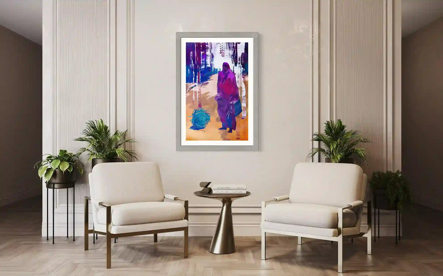 'On The Way Back 7' by Bakri Moaz 70x100cm art print mockup in modern living room, displacement themed contemporary artwork