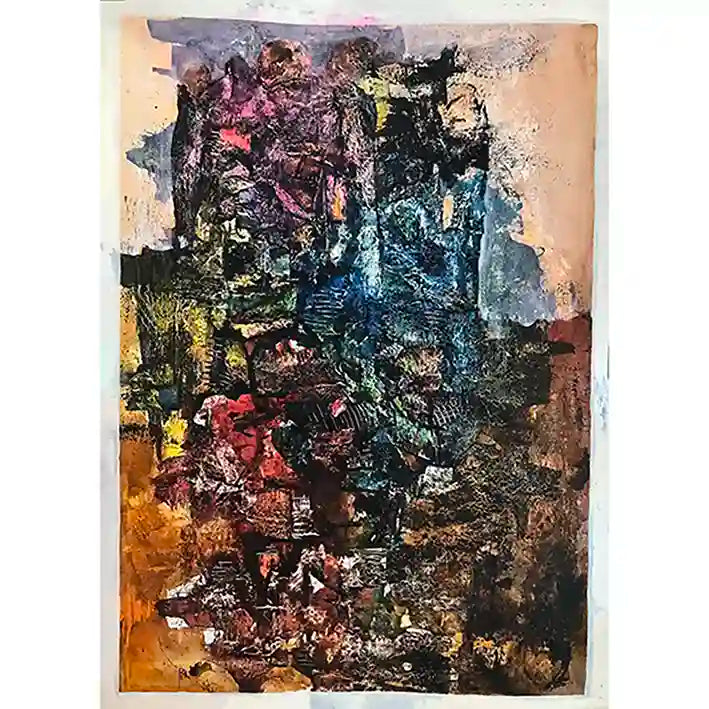 The Owner of Gemstones by Samir Shareef - richly textured abstract acrylic on paper with jewel-toned colors and layers