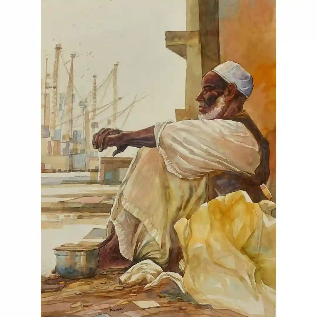 Port Reflections watercolor painting by Hussein Merghani showing elderly man at Sudanese harbor, original art on paper