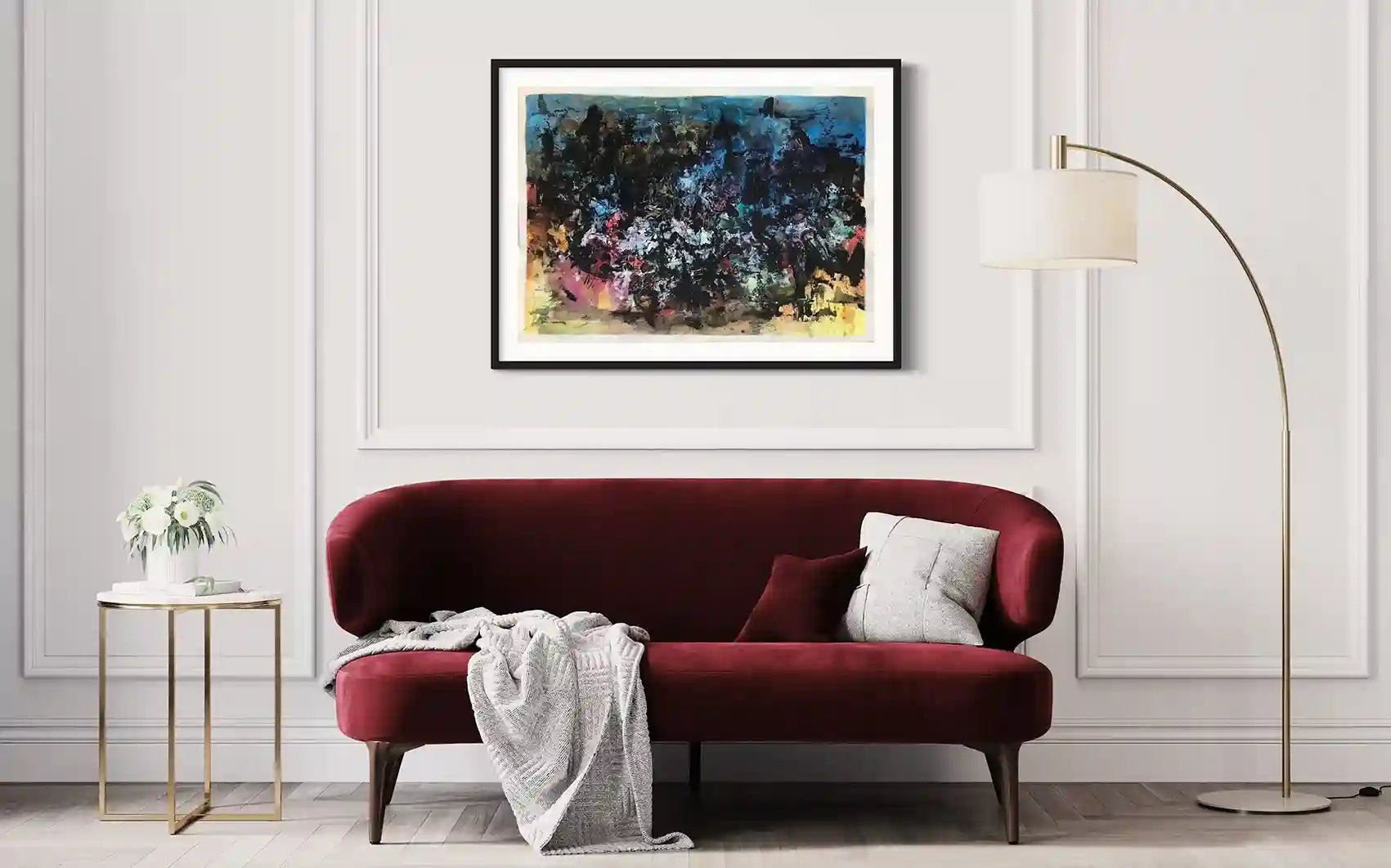 Princess Wedding by Samir Shareef framed abstract art - acrylic painting displayed above luxurious burgundy velvet sofa