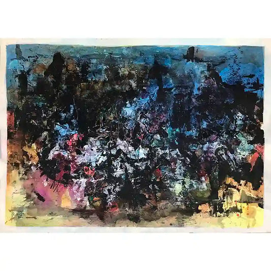 Princess Wedding by Samir Shareef - moody abstract acrylic on paper with dark forms and delicate blue, pink, yellow accents