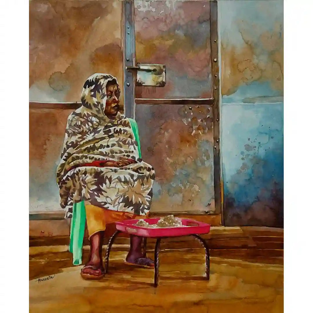 Quiet Afternoon watercolor painting by Hussein Merghani showing elderly woman in traditional dress by weathered doors