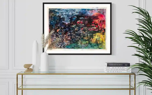 Red Sun by Samir Shareef framed abstract art - vibrant acrylic painting displayed in elegant white interior with gold accents