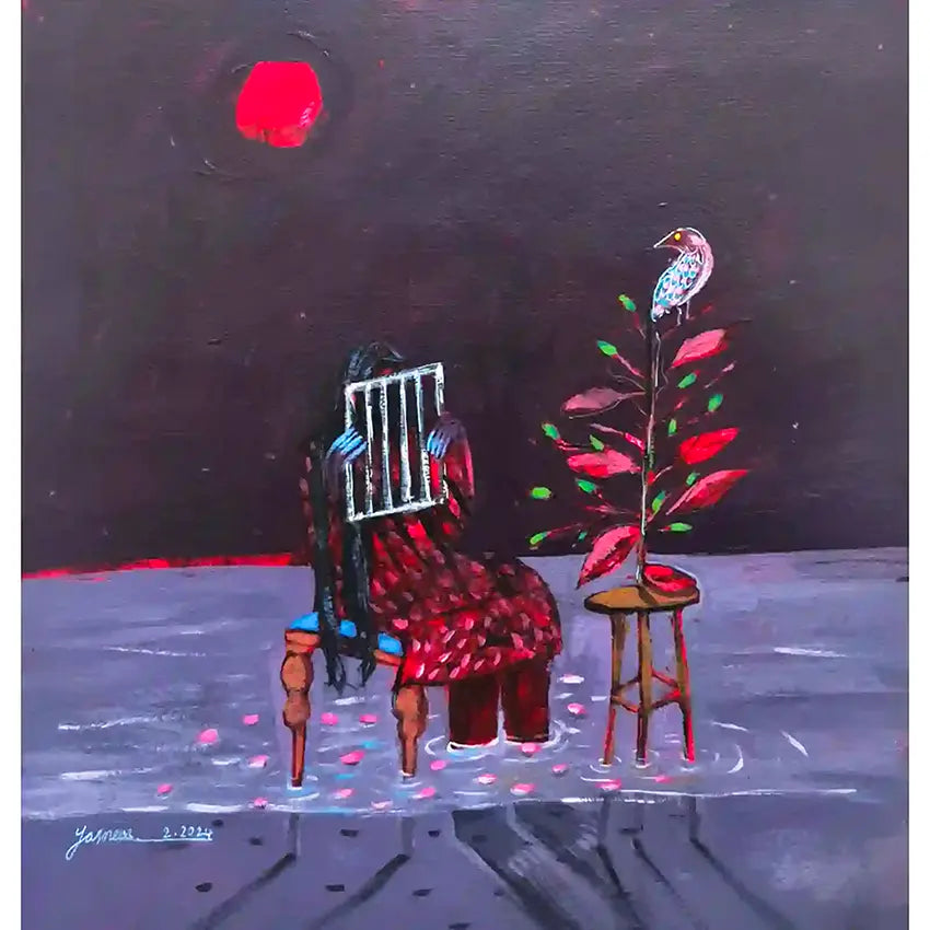Red Sun acrylic painting by Yasmeen Abdullah featuring figure behind grill sitting beside bird on plant under red sun