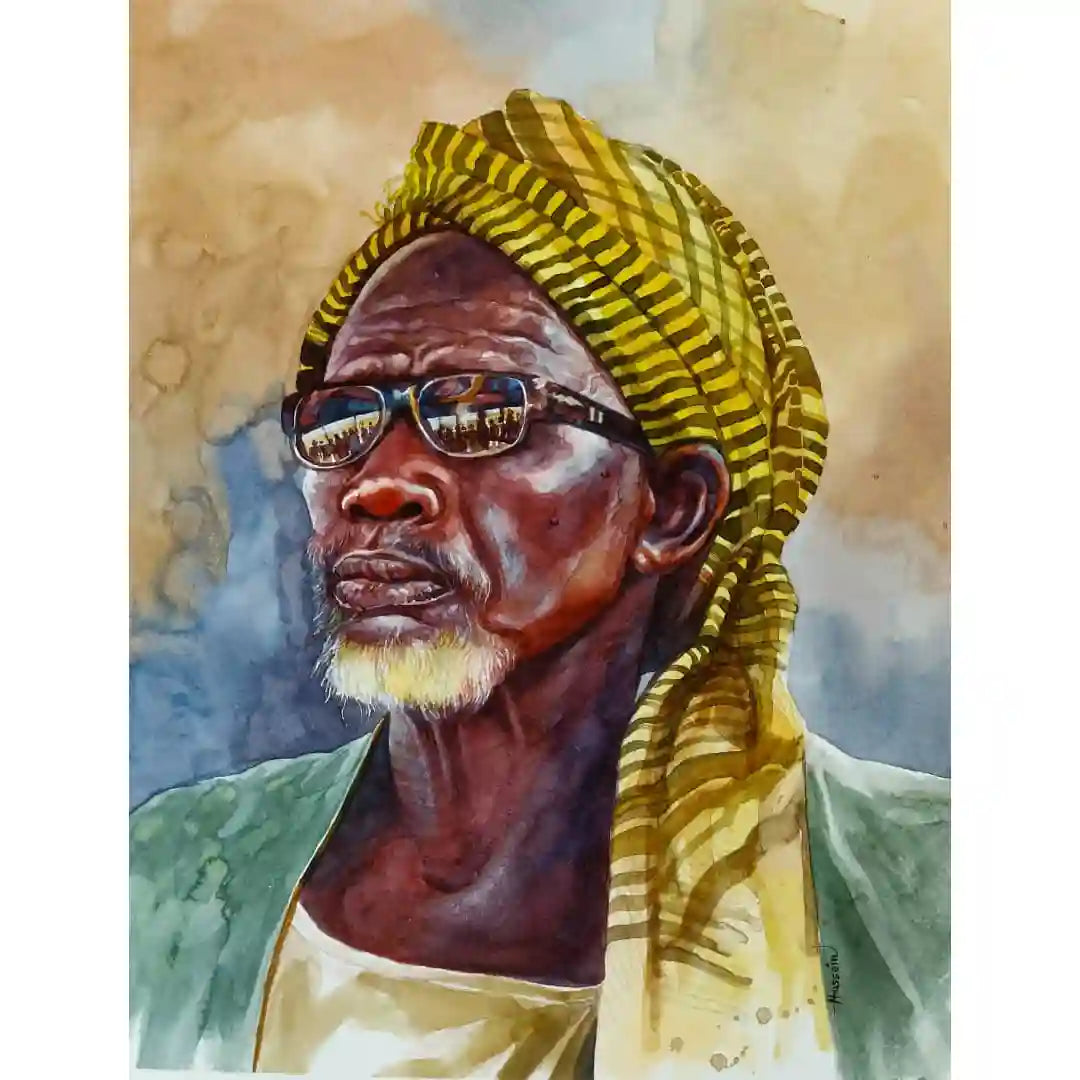 Reflections watercolor painting by Hussien Merghani featuring Sudanese man in golden turban and sunglasses on paper