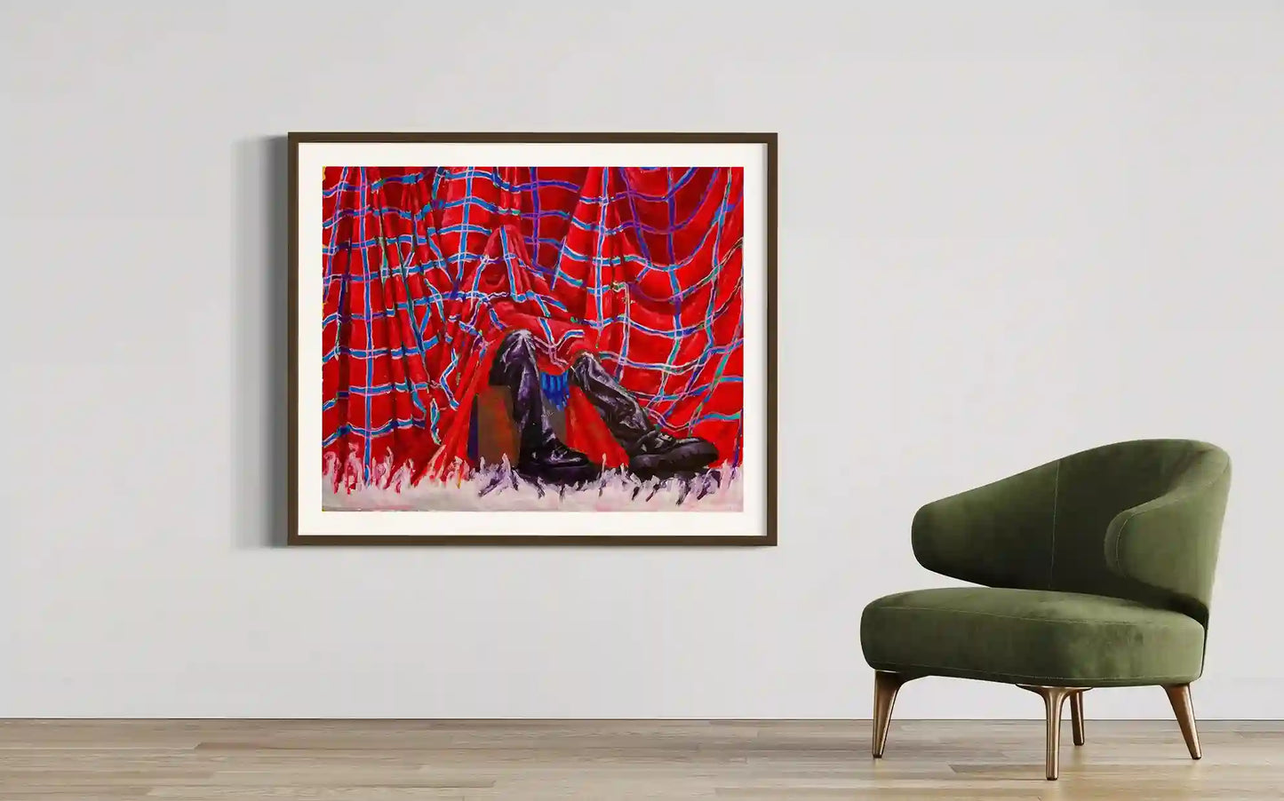 Ridiculous Life by Mujahid Alhadi framed acrylic art displayed in modern living room with green velvet chair and wood floor