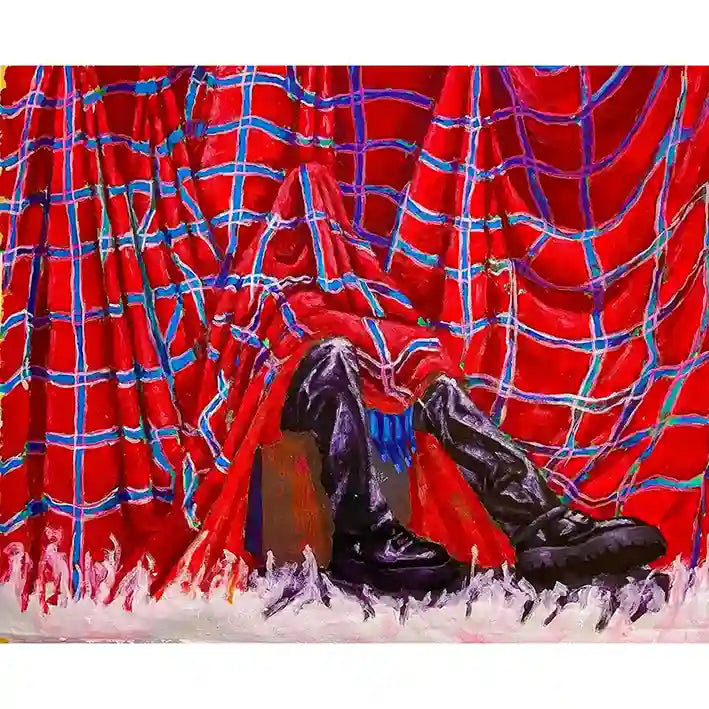 
Ridiculous Life by Mujahid Alhadi acrylic painting showing figure in boots behind red web-like net with blue purple lines