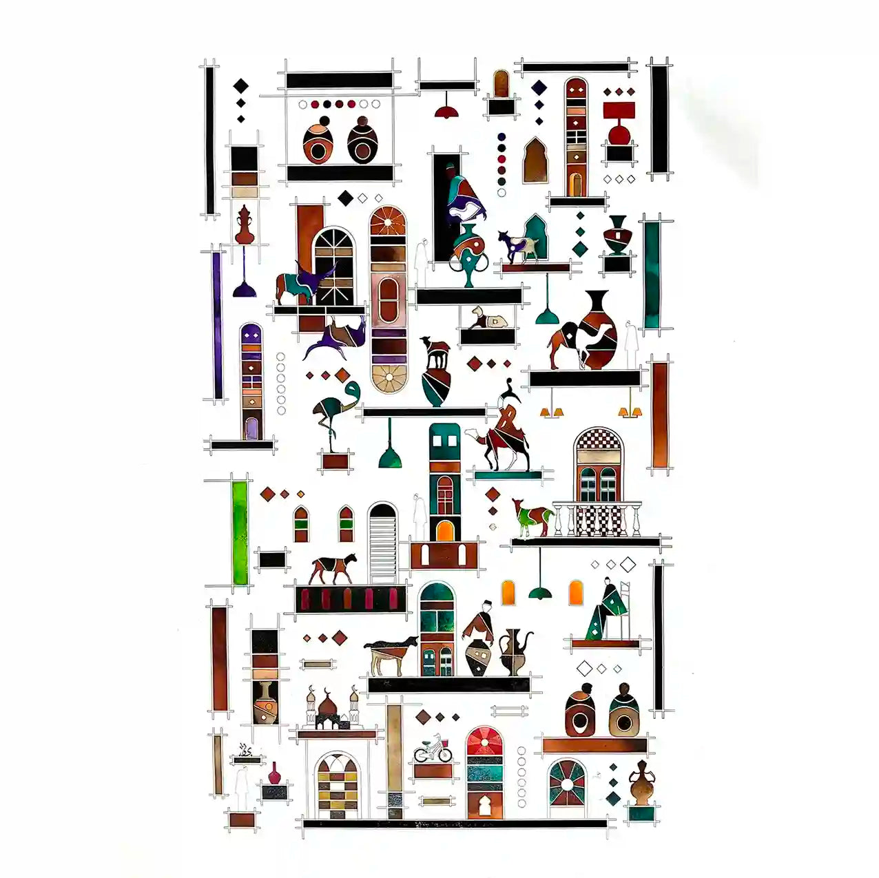 Shelves 1 by Gungalito acrylic painting with Middle Eastern architectural elements animals doors pottery geometric patterns