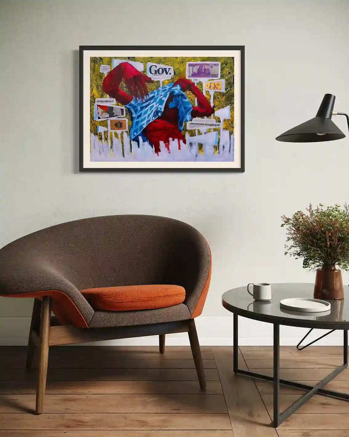 Slogans No More by Mujahid Alhadi framed mixed media art displayed in modern living room with orange chair and coffee table