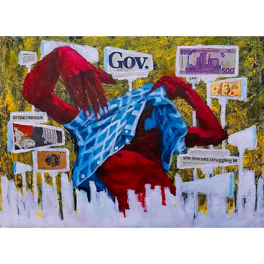 Mixed media by Mujahid Alhadi showing red figure in blue fabric with collaged money and protest signs on canvas artwork
