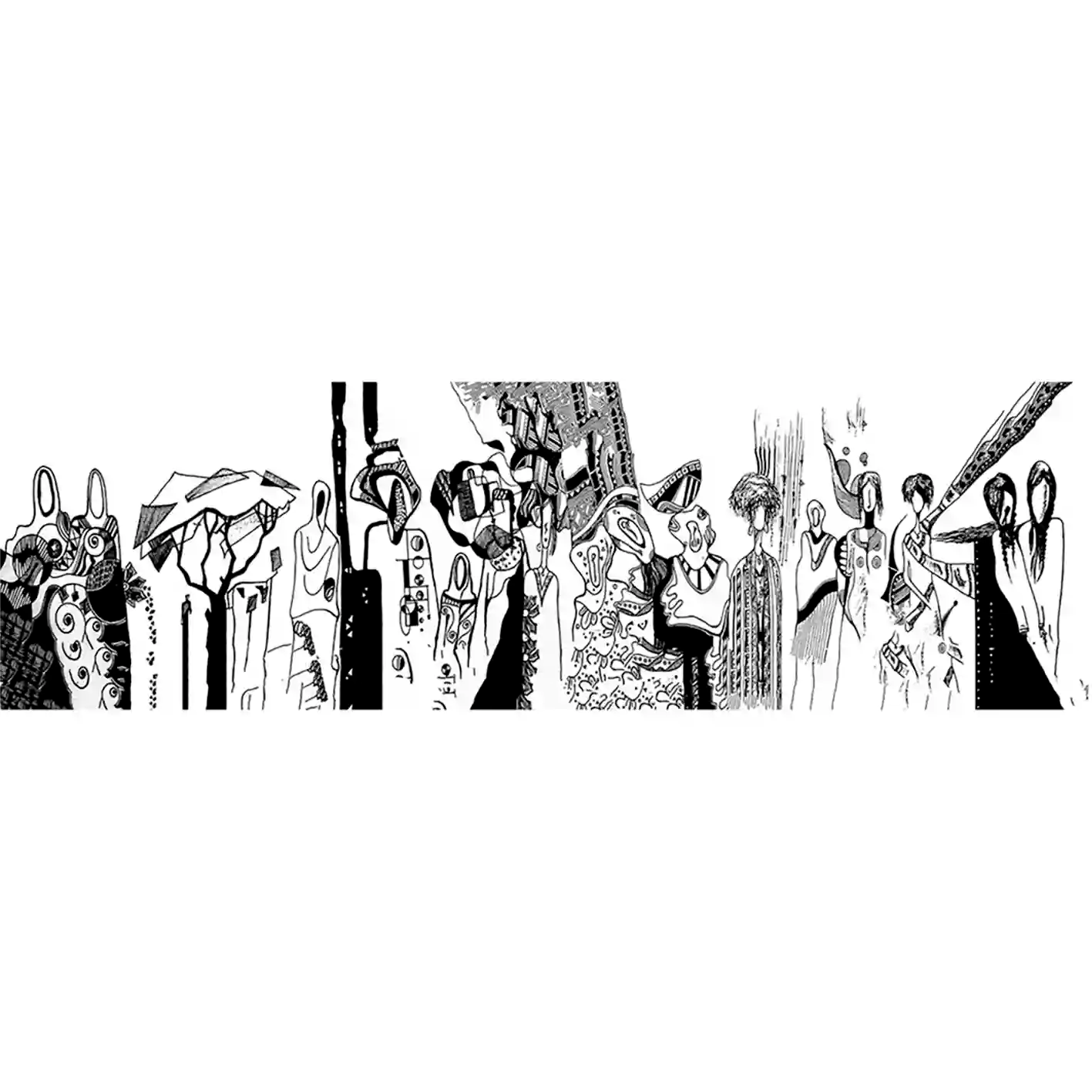 Social Gathering black and white African art print by Gungalito featuring elongated figures with geometric patterns