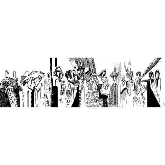 Social Gathering black and white African art print by Gungalito featuring elongated figures with geometric patterns