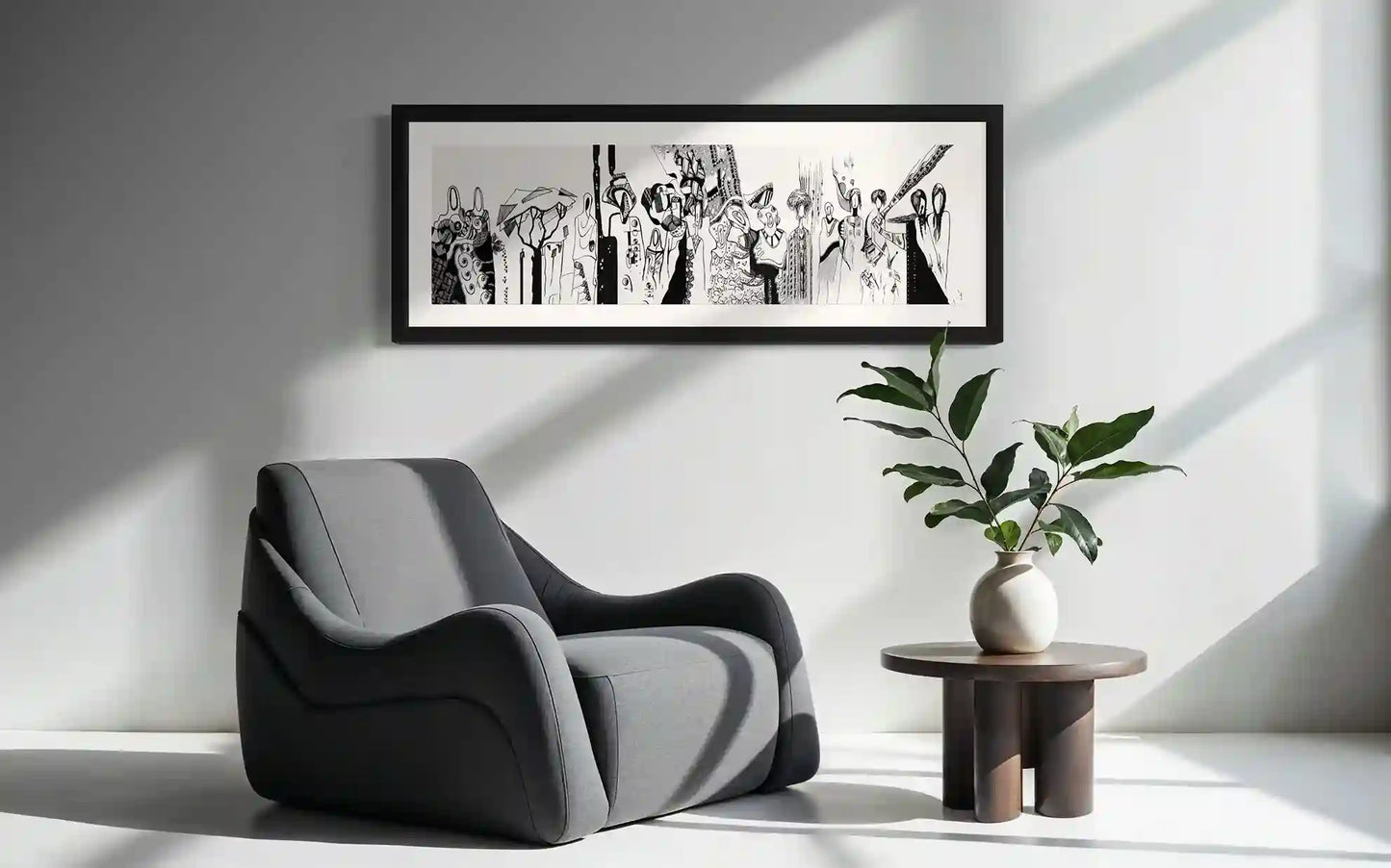Social Gathering African art print by Gungalito in black frame on white wall above modern gray chair and side table