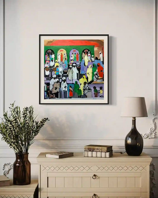 Souk Fragments I original acrylic by Ahmed Alnahas framed on wall showing vibrant Sudanese market scene in elegant room