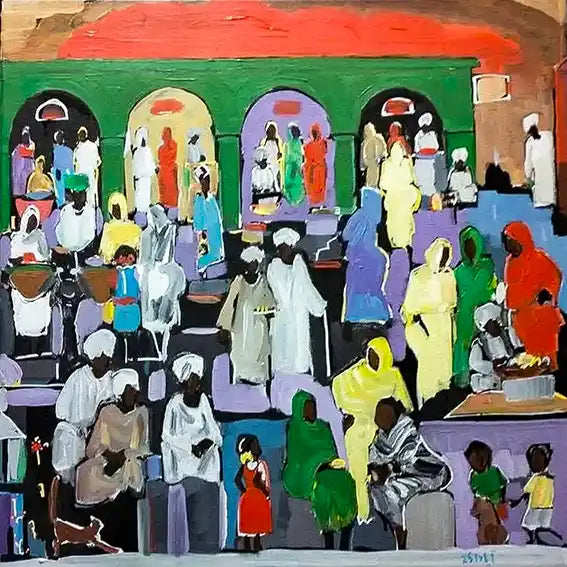 Souk Fragments I acrylic painting by Ahmed Alnahas showing vibrant Sudanese market scene with colorful figures and arches