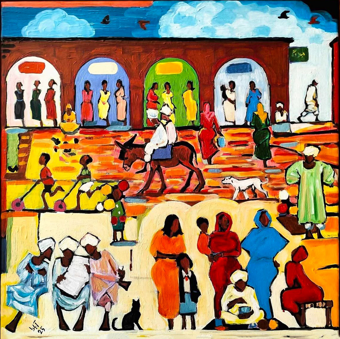 Souk Fragments 11 acrylic painting by Ahmed Alnahas depicting vibrant Sudanese market with colorful arches & bustling scene