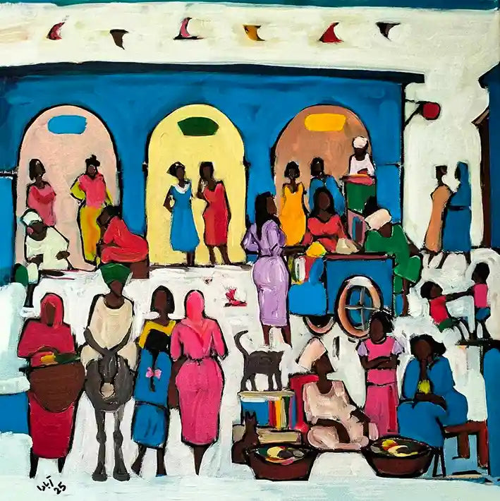 Souk Fragments 12 acrylic painting by Ahmed Alnahas depicting vibrant Sudanese market with blue wall & colorful archways