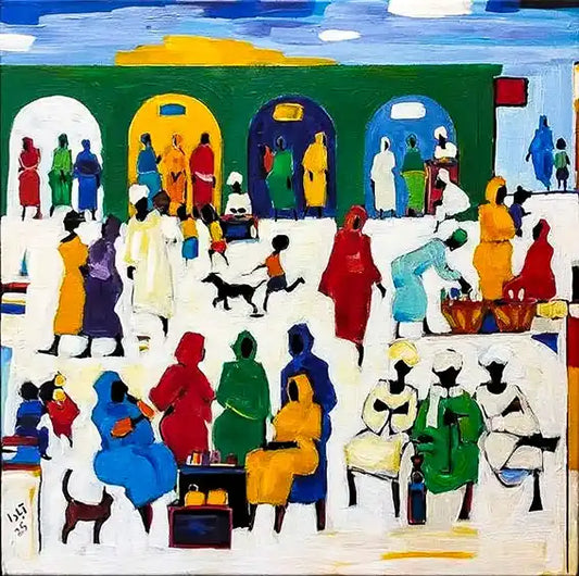 Souk Fragments II acrylic by Ahmed Alnahas showing sunlit Sudanese market with colorful figures and dogs under bold arches
