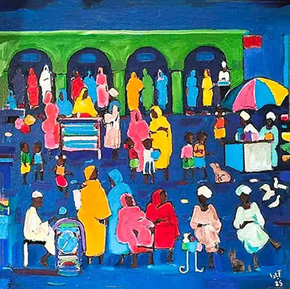 Souk Fragments III acrylic by Ahmed Alnahas showing twilight Sudanese market in deep blues with colorful umbrella and figures