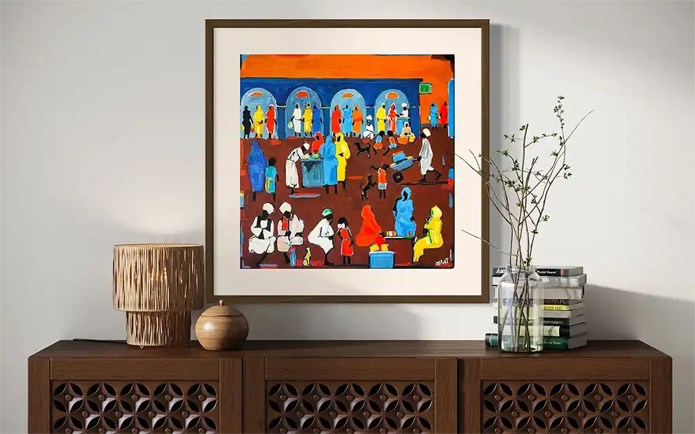 Souk Fragments 4 original acrylic by Ahmed Alnahas framed on wall showing Sudanese market with orange sky in warm interior