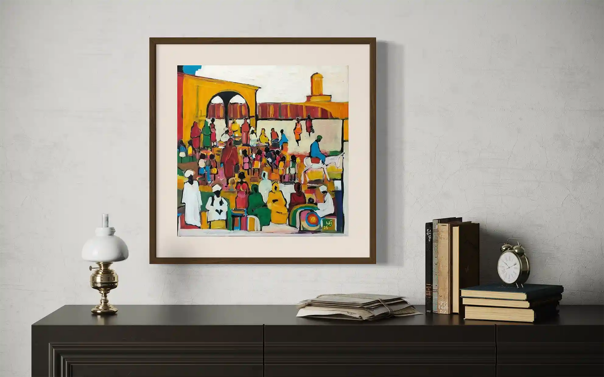 Souk Fragments 9 by Ahmed Alnahas original acrylic painting mockup showing vibrant Sudanese market scene on wall display