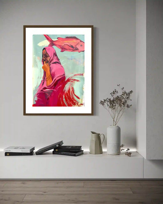 Starring 4 figurative painting by Abubakar Moaz displayed on minimalist white wall with books and dried flowers mockup