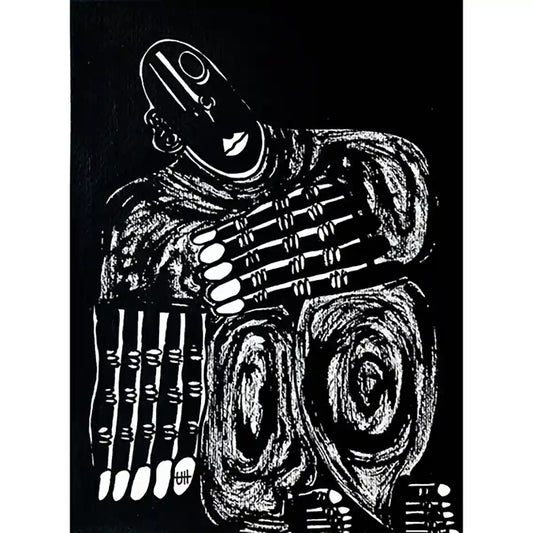 Static by Usra Hamza - Original ink on paper with bold black and white abstract figure featuring geometric patterns and lines