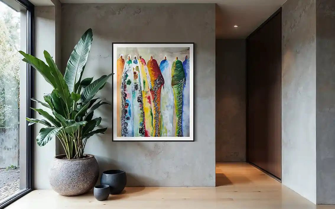 Supremes by Gungalito framed print in modern entryway, vibrant watercolor cultural figures art contemporary interior decor