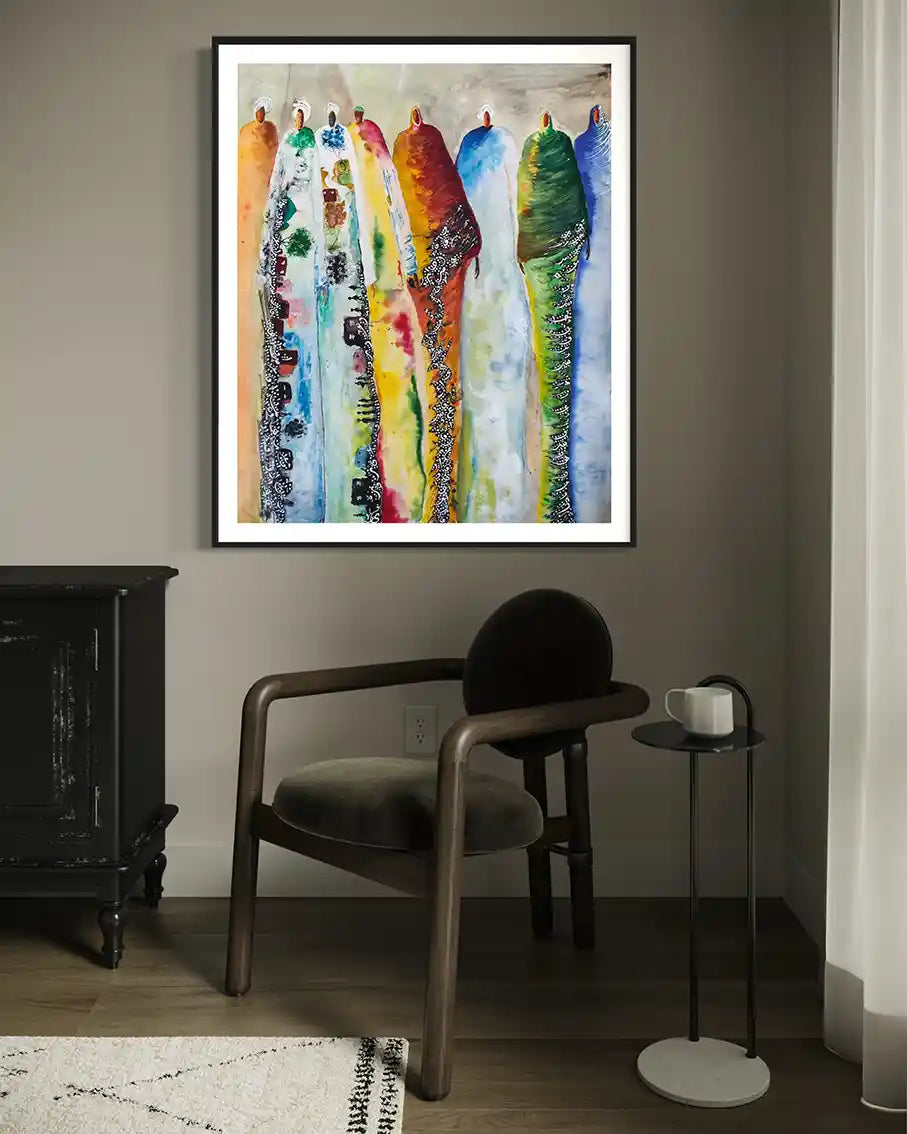 Supremes by Gungalito framed above armchair, colorful watercolor cultural figures art print modern living room wall decor