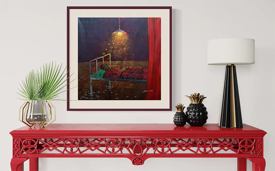 Original acrylic Surrounded by Unspoken Words by Yasmeen Abdullah framed and displayed above red console table in interior