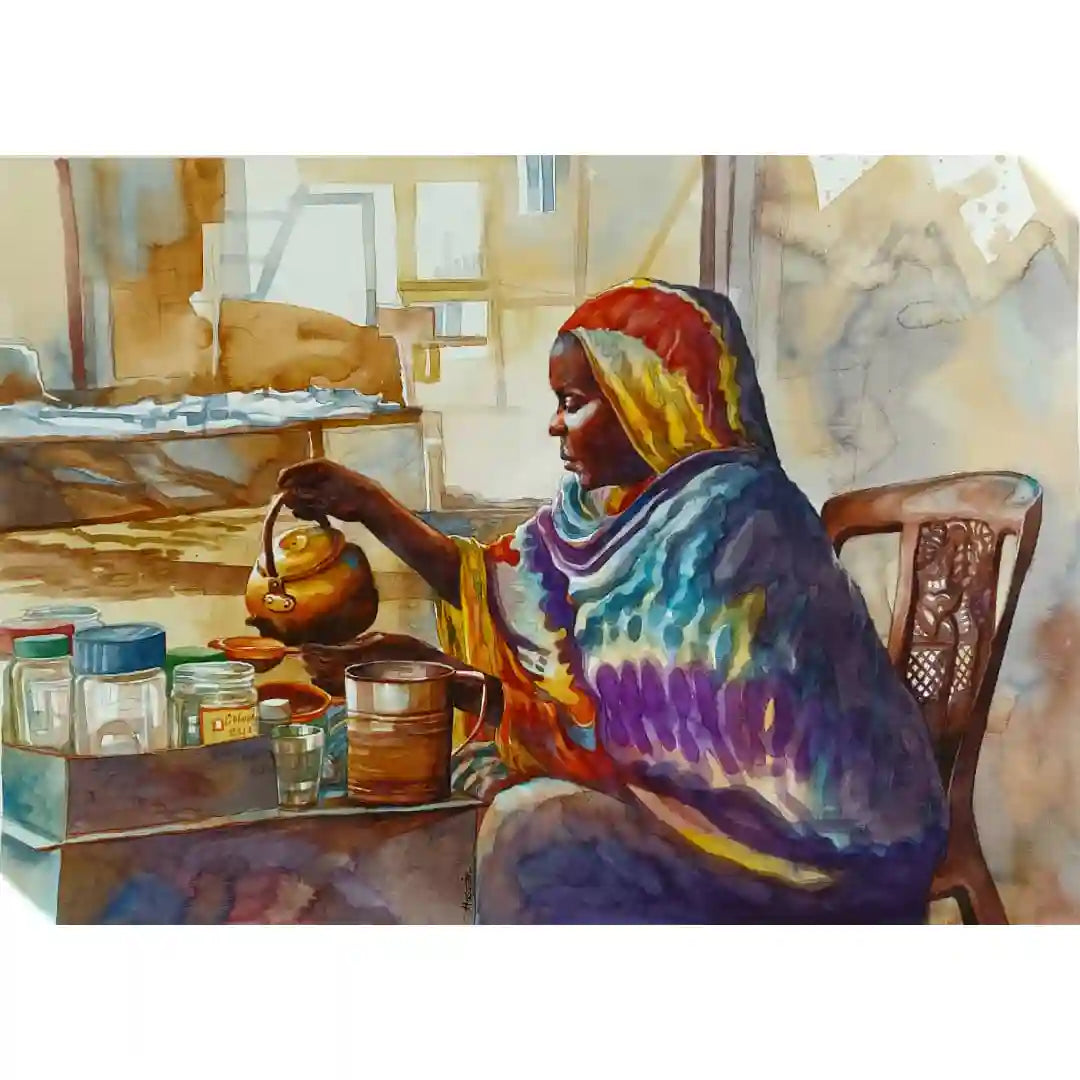 Tea Lady watercolor painting by Hussein Merghani showing Sudanese woman serving tea in colorful dress, original art on paper