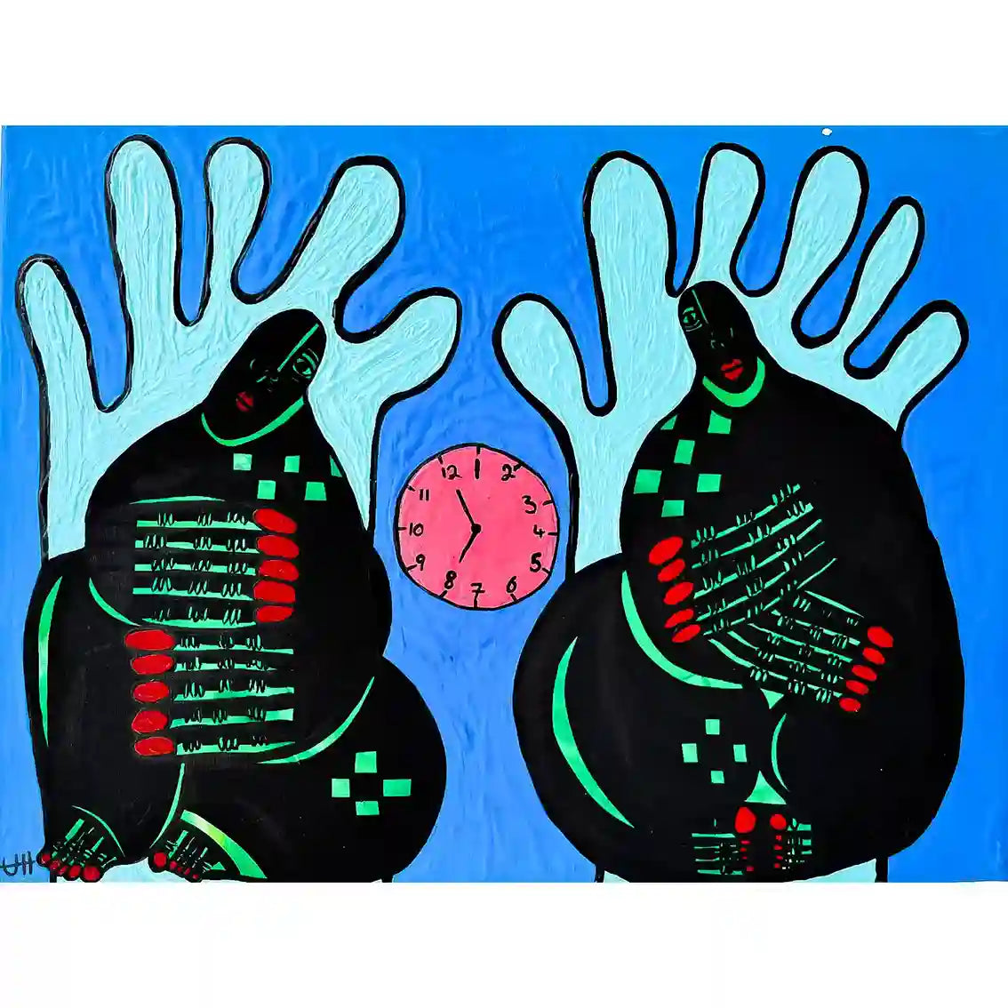 Temporal Silence by Usra Hamza - Mixed media on canvas with two figures, raised hands and clock in vibrant blue tones