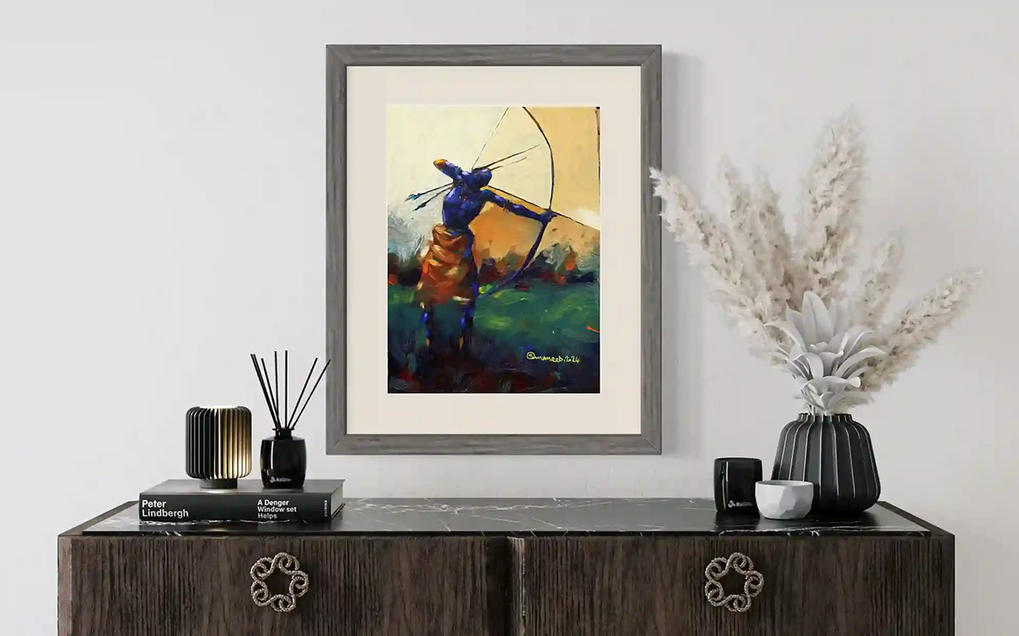 The Hunter original acrylic painting by Osman Adam displayed in modern interior setting with decorative accessories