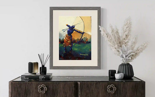 The Hunter original acrylic painting by Osman Adam displayed in modern interior setting with decorative accessories