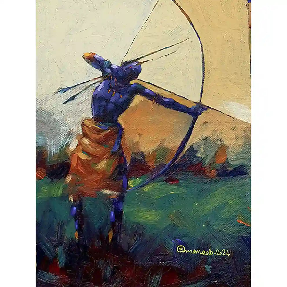 The Hunter acrylic on canvas painting by Osman Adam featuring blue archer figure drawing bow against golden background