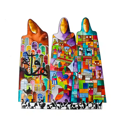 The Wise Ones by Gungalito - colorful abstract art print featuring three robed figures with geometric patterns and silhouettes