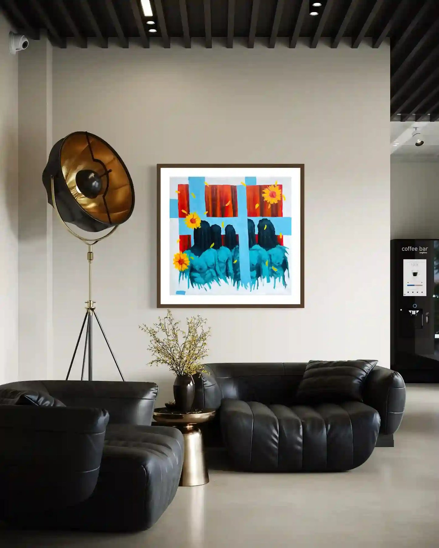 They All Died painting by Mujahid Alhadi displayed in modern industrial interior mockup with black leather furniture